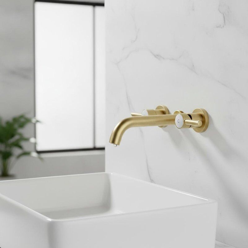Wall Mounted Brass Basin Faucet Brushed Brass Finish with Ceramic Cartridge Desain Pemasangan Dua Lubang