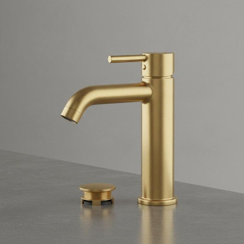 High Flow Brass Basin Mixer Tap Brushed Brass Finish Cartridge Besar dengan Pop Up Waste Set Kelas Komersial